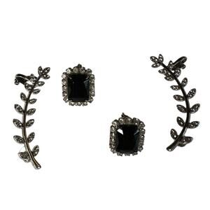 Elegant Black Crystal Rhinestone Earrings Lot Leaf Vine Dangle & Square Studs